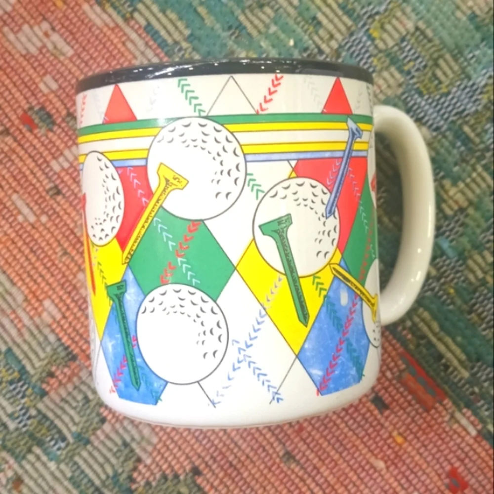 Vintage 1992 Golf Ball Tee Plaid Ceramic White Red Blue Yellow Green Black Mug